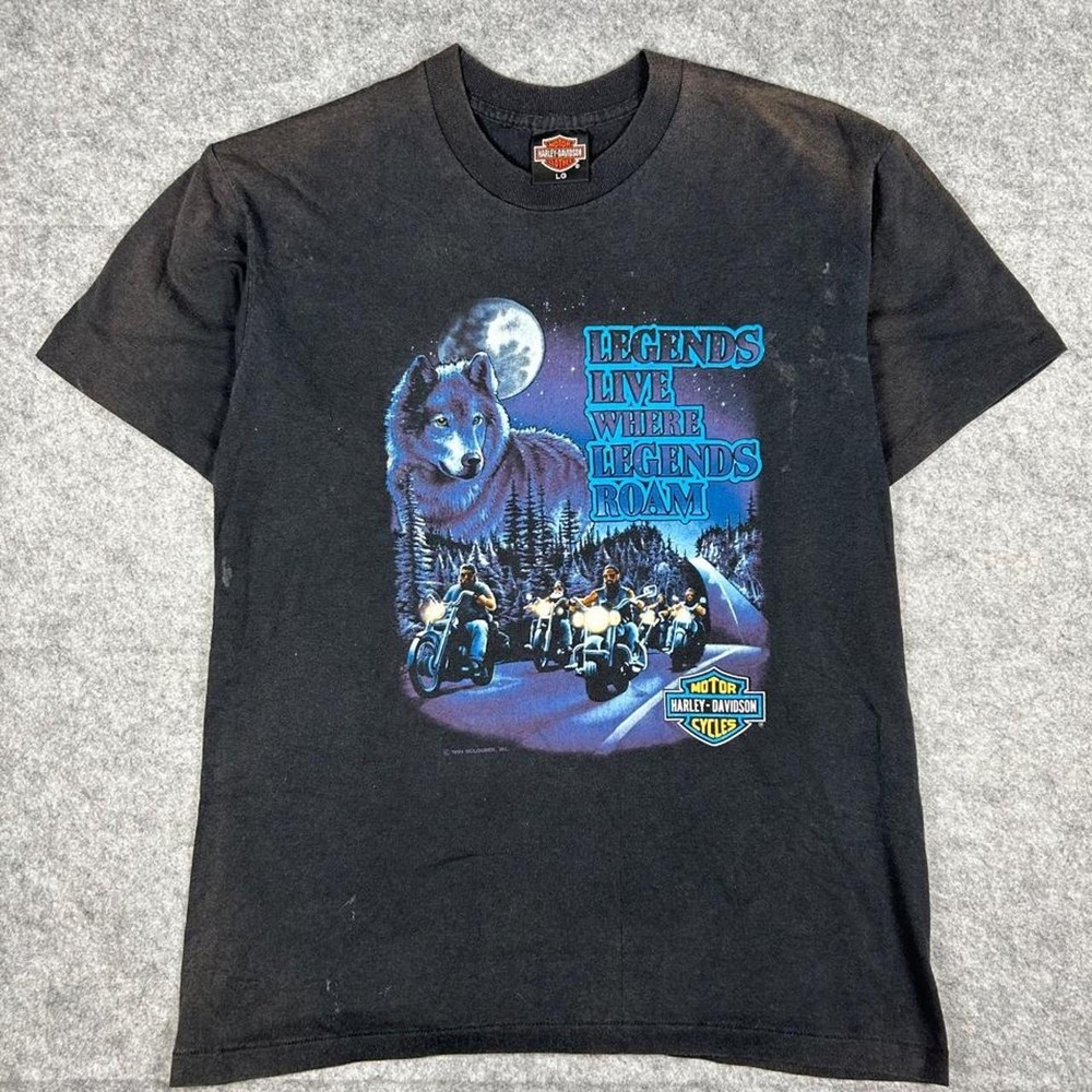 Vintage 90s Faded Harley Davidson Wolf Single Stitch T-Shirt (Size Large)